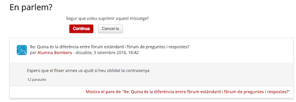 Pantalla de confirmació d'eliminació de continguts Pantalla de confirmació d'eliminació de continguts