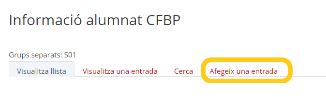 Pestanya afegir entrada base de dades